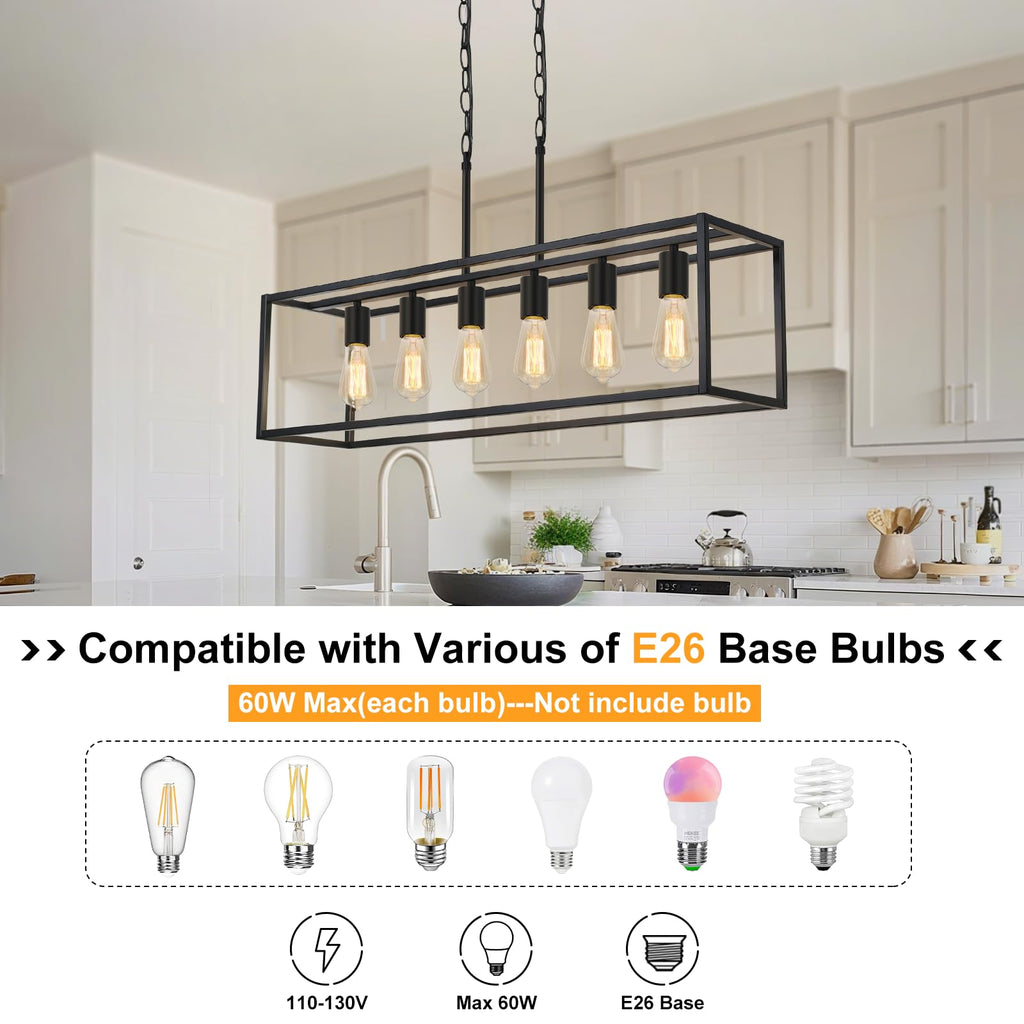 6 Light Black Chandeliers, Adjustable Height Linear Chandelier Kitchen Light Fixture, Modern Farmhouse Chandelier