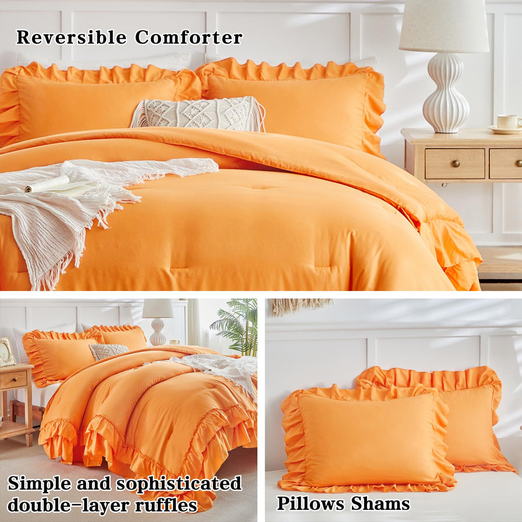 Orange Ruffle Comforter Set, 3 Pieces Vintage Farmhouse Shabby Chic Comforters, Solid Color Lightweight