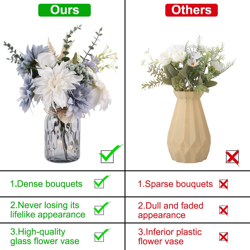 Fake Flowers with Vase, Silk Dusty Blue Rose Hydrangea Artificial Flowers in Vase Faux Dahlia Flowers Arrangement