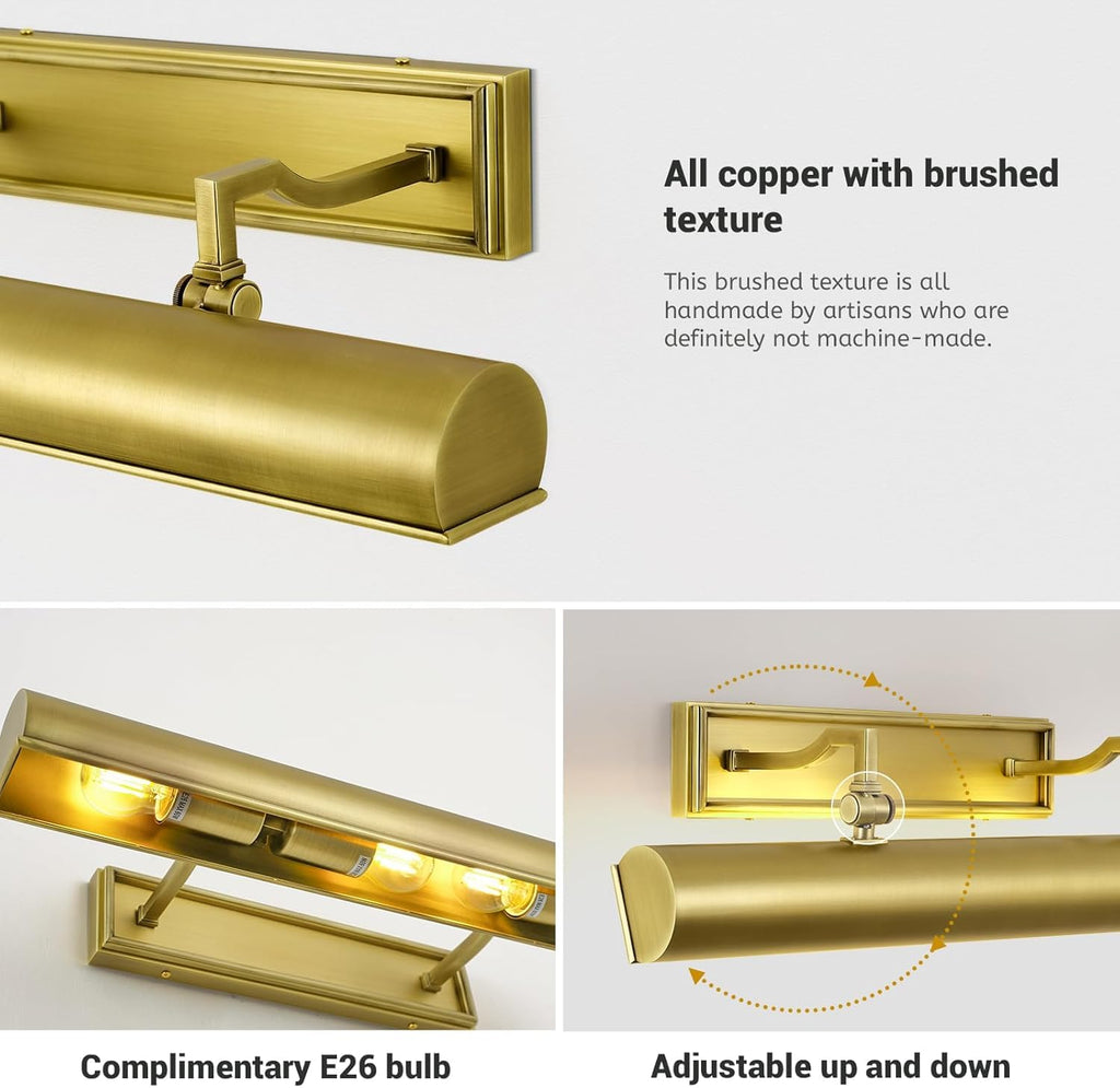 18" Brass Picture Lights Hardwired, 3-Light Gold Picture Frame Light Linear Gallery Picture Light for Wall Adjustable