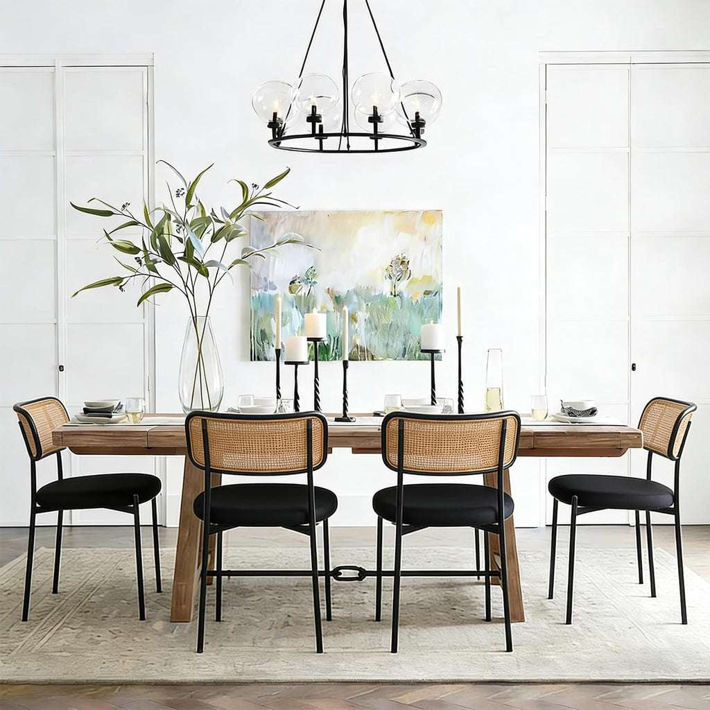 Rattan Dining Chairs Set of 4, Mid-Century Modern Chair with Boucle, Kitchen Dining Room Chairs for Living Room with