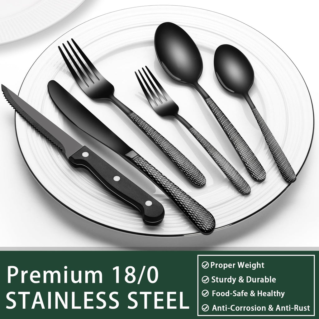 24-Piece Black Silverware Set with Steak Knives, Black Flatware Set for 4, Food-Grade Stainless Steel Tableware