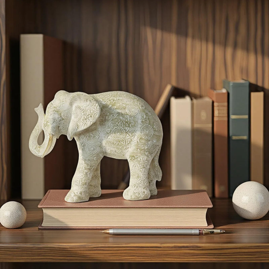 Elephant Statue Decor, Cream, 7.25 x 3.25 x 5.75 Inch