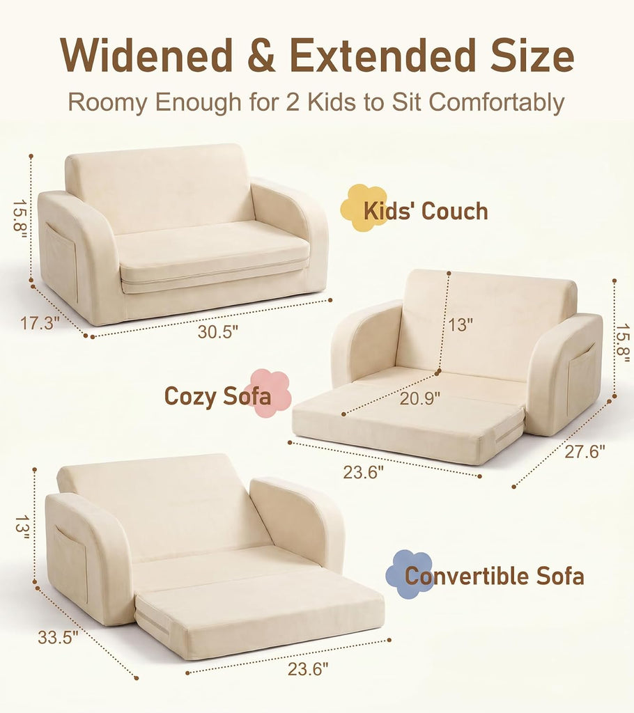In-1 Extra Wide Convertible Kids Couch, Flip Open Kid Sofa, Machine-Washable Kid Couch for Girls, Kids Sofa for Fun