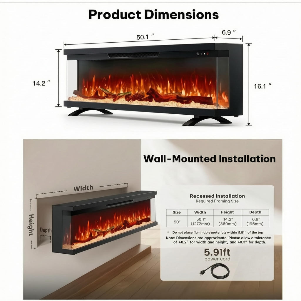 50" 3-Sided Electric Fireplace with Smart App & Alexa Control, 3375 Flame Color Combinations, 15-Color Back, Ember &