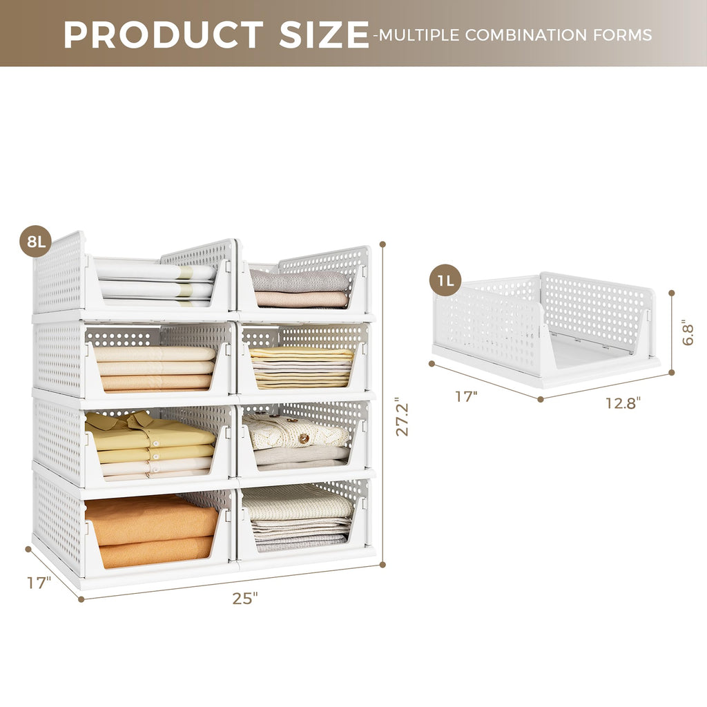 8 Pack Closet Organizer Storage Bins Stackable Plastic Drawer Shelf