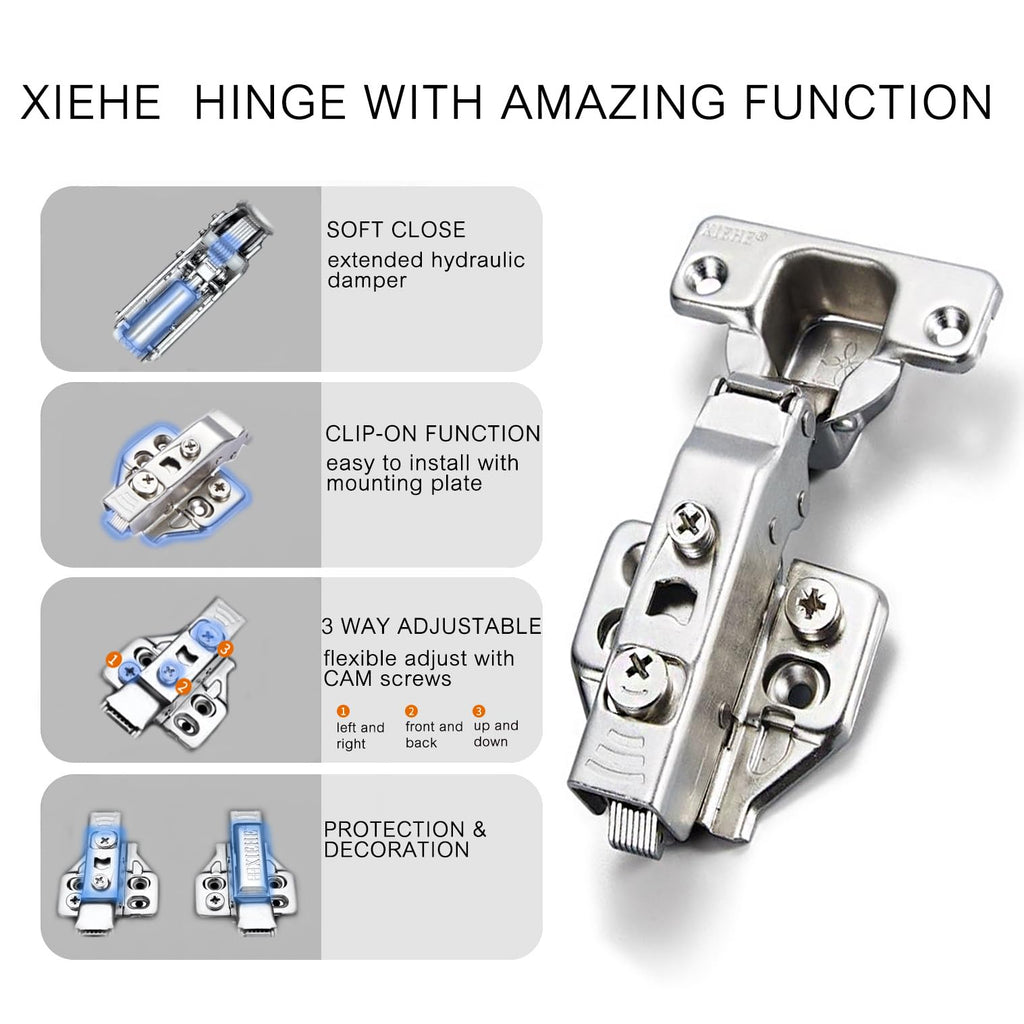 110 Degree Clip-on Soft Closing Inset Frameless Hinges 10 Pack, Cabinets Door Brushed Nickel 3D Flush Mount
