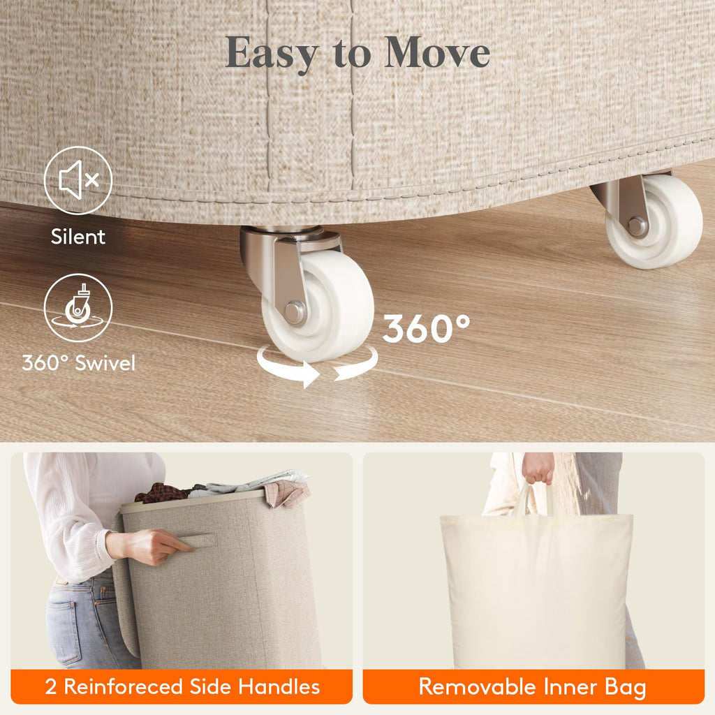 85L Large Laundry Basket with Wheels and Lid, Beige