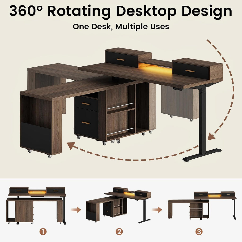 61'' L Shaped Electric Standing Desk, 360° Rotating, 4 Drawers | Height Adjustable Desk with LED Light, Monitor Riser
