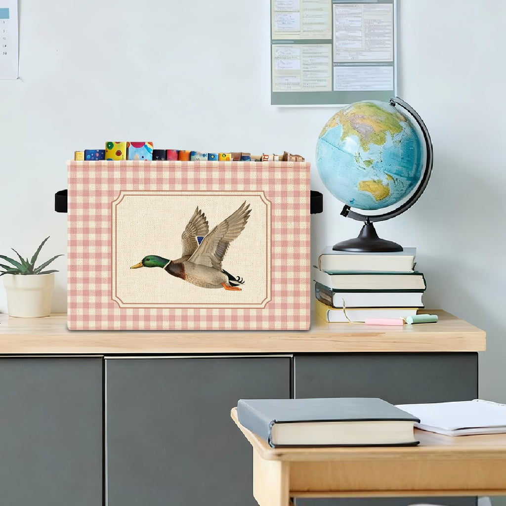 Pink Checkered Mallard Duck Storage Bins Box with Handles, Flying Mallard Duck Preppy Laundry Basket Hamper