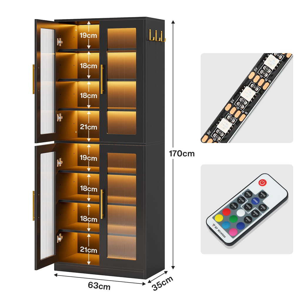Tall Shoe Storage Cabinet with Acrylic Doors and LED Lights, 8-Tier Shoe Organizer Rack with Adjustable Shelves &