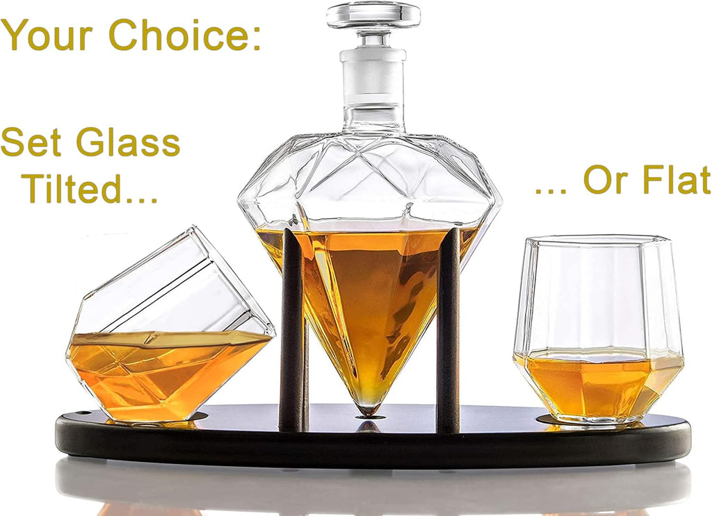 Whiskey Decanter Diamond shaped With 2 Diamond Glasses & Mahogany Wooden Holder - Elegant Handcrafted Crafted Glass - Set of 3