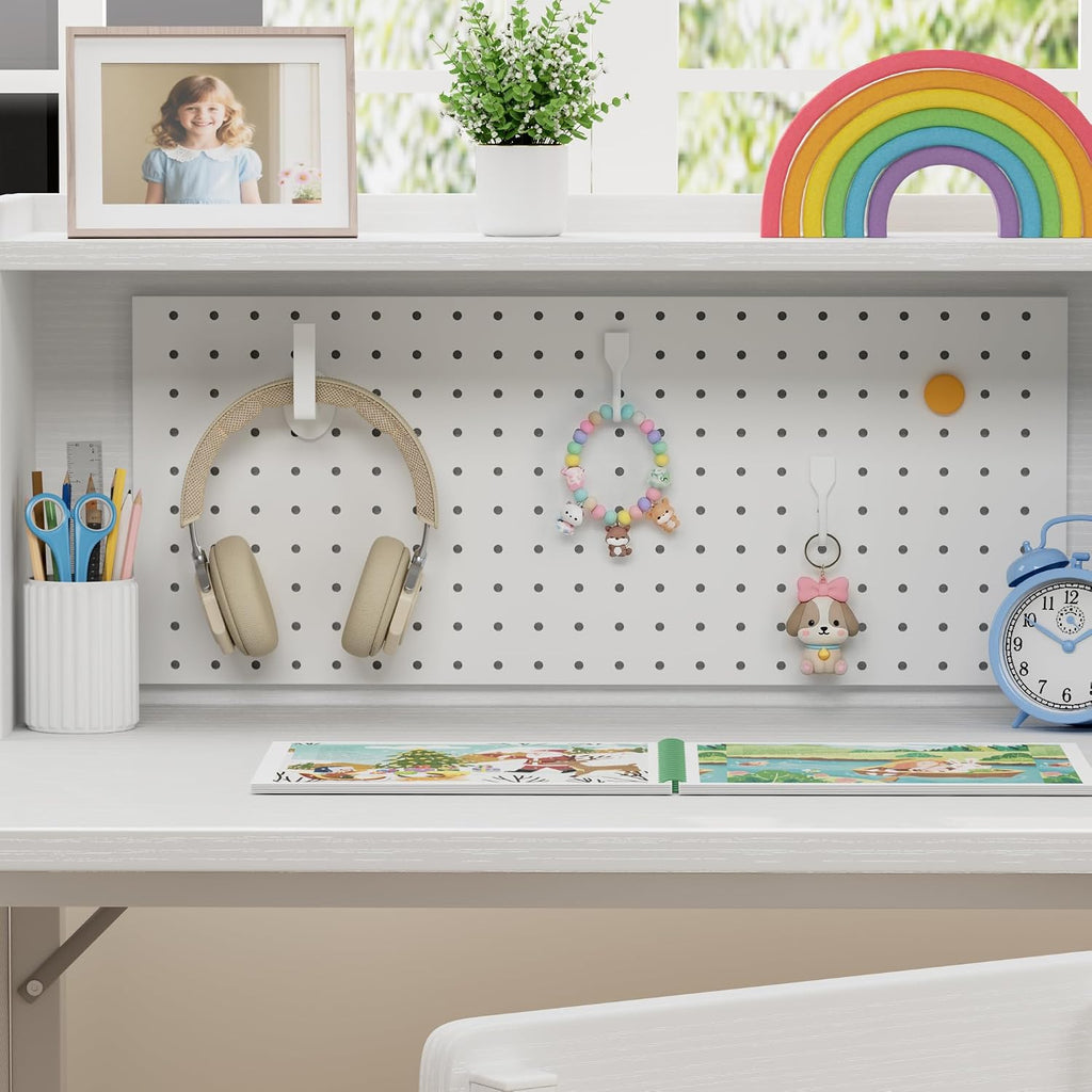 Kids Desk and Chair Set for 6-12 Year Old, Children Study Desk with Hutch and Pegboard, Student Writing Table