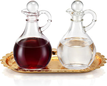 Catholic Church Oil & Vinegar Bottle Dispensers Glass Cruet Set with Tray - Set of 2
