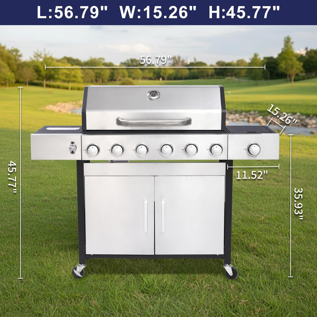 6-Burner Propane Gas Grill with Side Burner, 69,000 BTU BBQ Grill with Cast Iron Grates, Double-Layer Stainless Steel Lid and Grease Management System