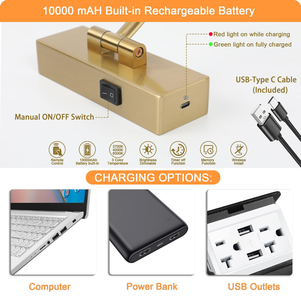 Picture Light Battery Operated with Remote, 3CCT Dimmable Picture Light for Paintings, Brass Rechargeable 24 inch