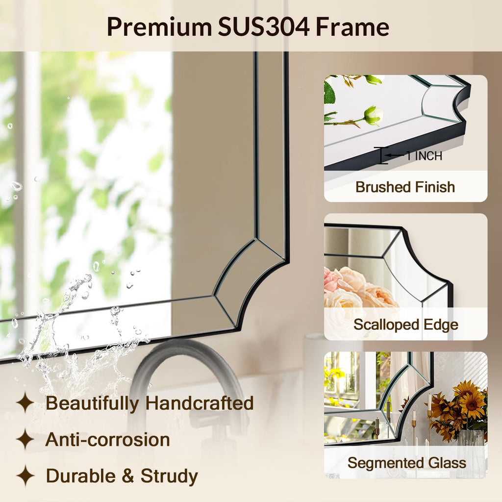 Bathroom Vanity Mirror, 24x32 Matte Black Rectangle Mirror with Scalloped Edge, Vintage Notched Corner Bathroom