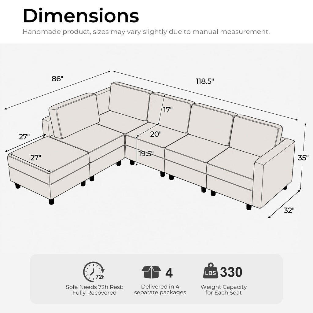 118.5" Faux Leather Modular Sectional Sofa, L Shaped Couch Set, 7-Seater Comfy Cloud Couches with Storage Seat Gray