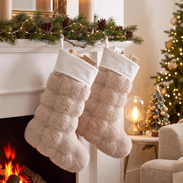 16.5" Faux Fur Christmas Stockings Beige Quilted Stockings - Set of 2