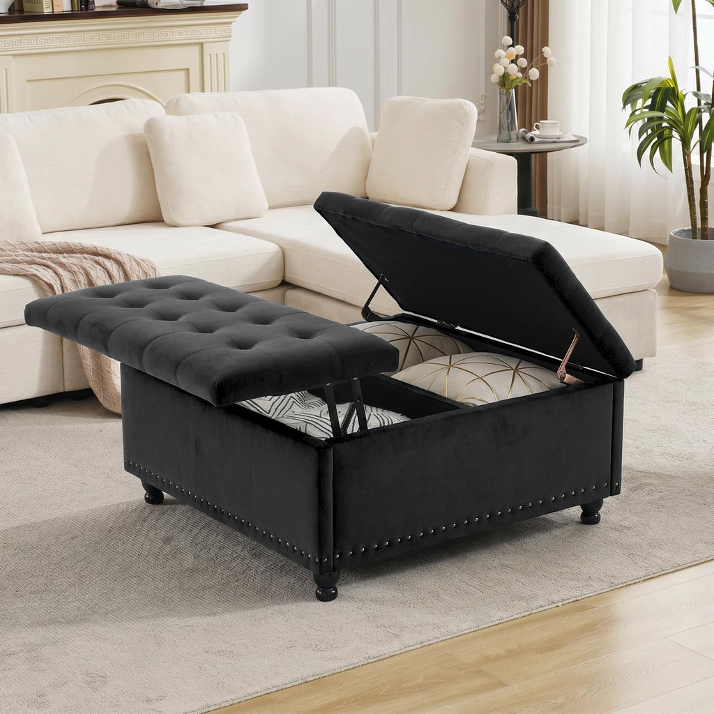 35.5 Inch Large Square Ottoman with Storage, Lift Top, Charcoal