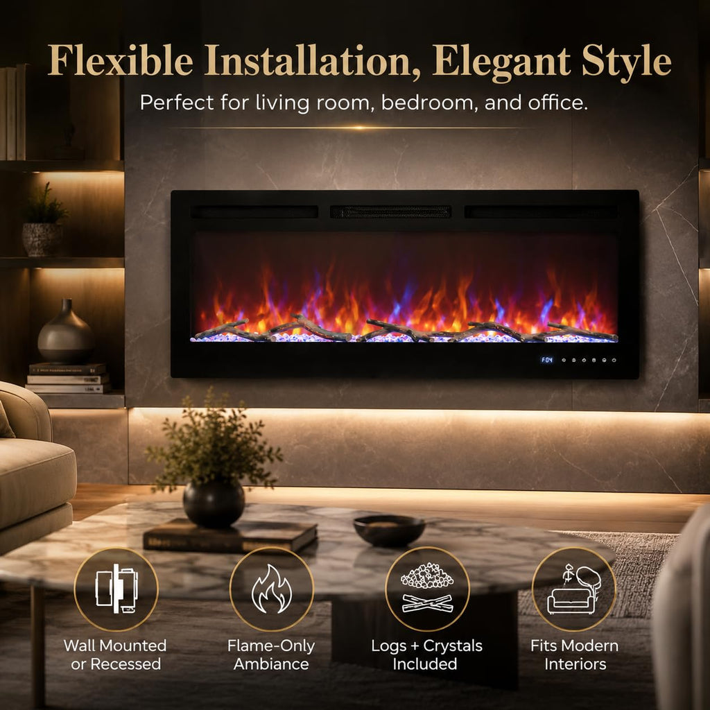 72 in Electric Fireplace, Recessed/Wall Mounted Linear Fireplace with WiFi & Remote Control, Multicolor Flame Effect
