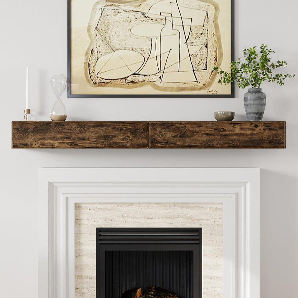 72inch Shelf with Hidden Storage - MDF Wood Wall-Mounted Shelf, Farmhouse Floating Mantel for Fireplace or Living