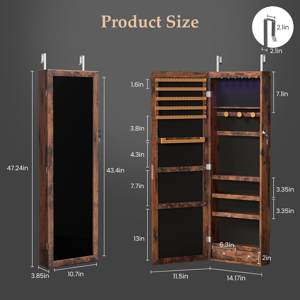 6 LEDs Mirror Jewelry Organizer Cabinet, Jewelry Armoire, 47.2 Inch