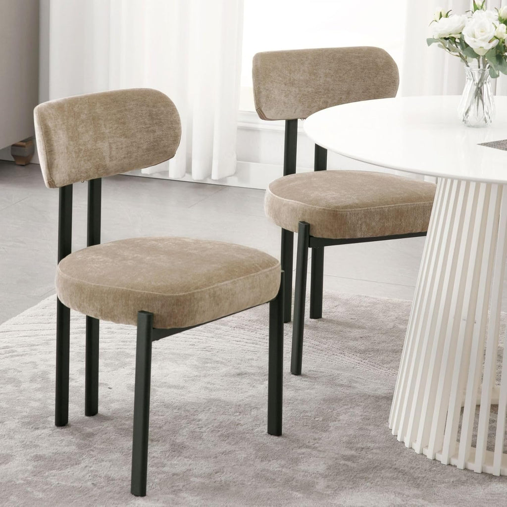LukeAlon Chenille Dining Chairs Set of 2, Modern Curved Back Armless Kitchen Chairs with Black Metal Legs Upholstered Dining Room Chairs Reception Chairs for Living Room Office Restaurant, Khaki