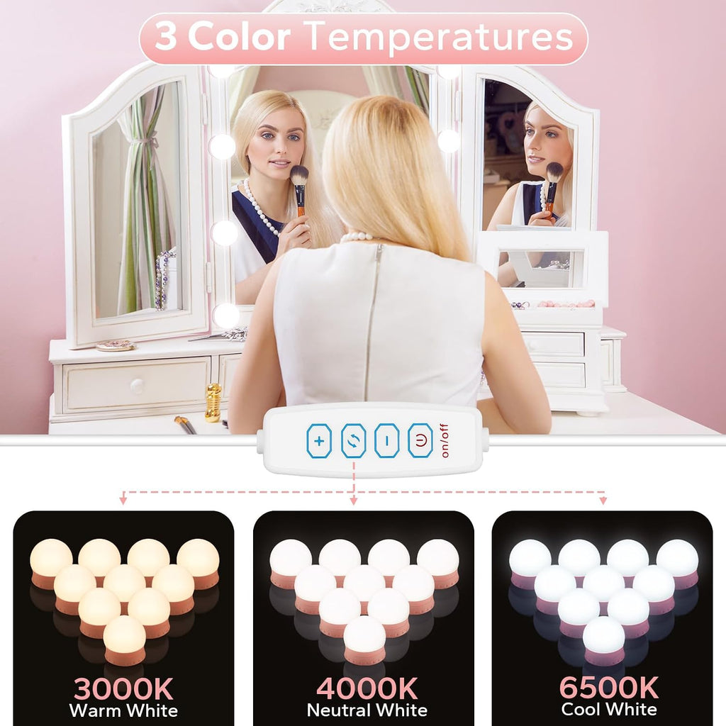LED Vanity Lights For Mirror, Pink Vanity Light Stick on with 10 Bulbs