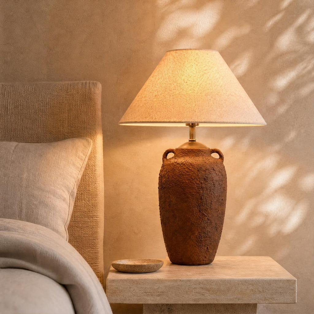 Textured Ceramic Table Lamp with Linen Shade, Rustic Bedside Lamp, Brown