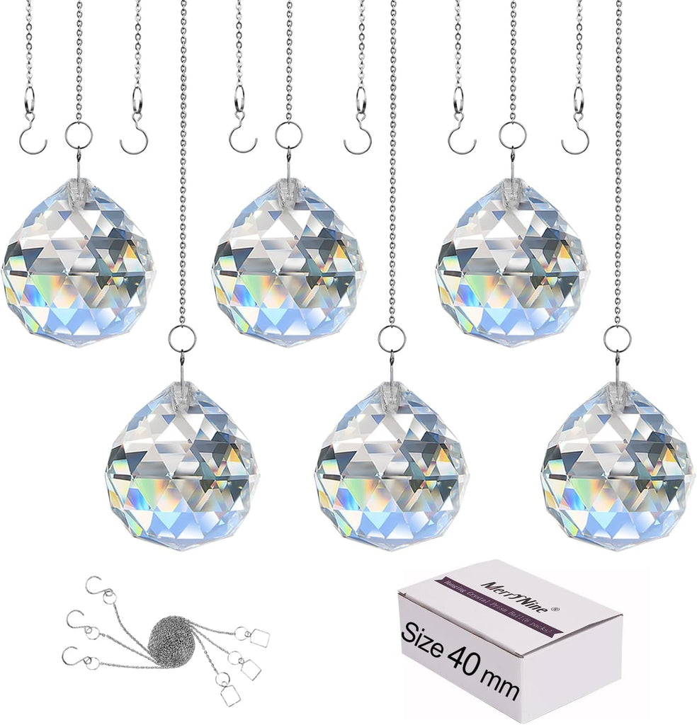 Clear Crystal Sun Catcher Suncatcher Prism Ball with Metal Chains - 6 Pack, 1.6"/40mm, Rainbow Pendant Maker