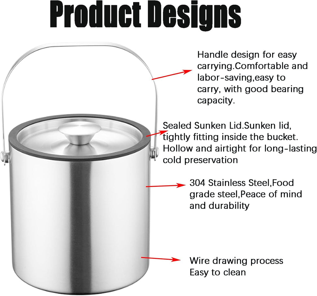 3L Double-Wall Insulated Ice Bucket with Lid, Ice shovel &Tongs and Strainer, Stainless Steel Ice Bath Tub