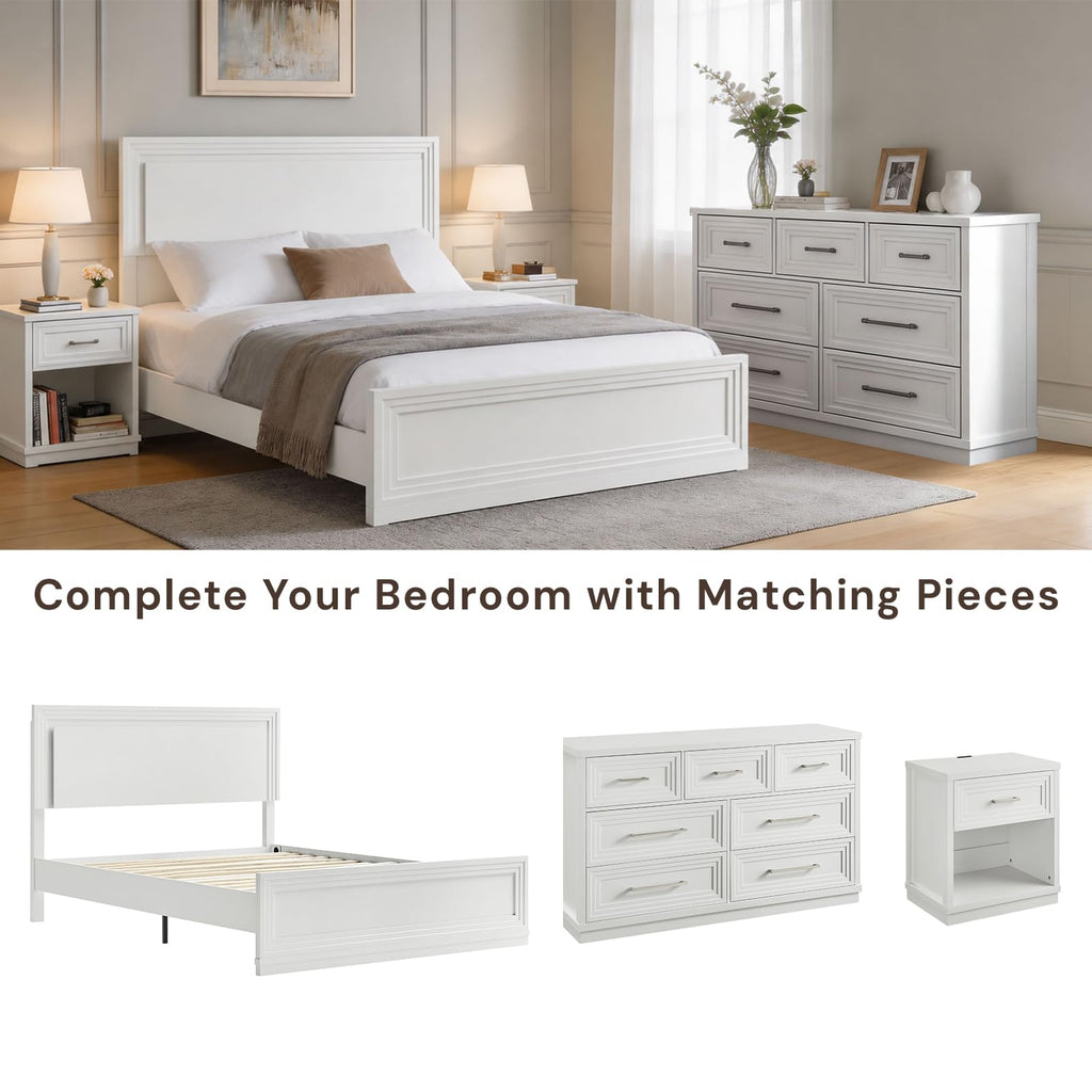 Bed Frame with LED Headboard, White Wood Platform Bed with Picture Frame Panel Headboard and Footboard, Modern