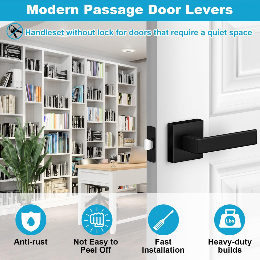 8 Pack Passage Door Handles Matte Black Door Levers, Interior Door Knobs Square Heavy Duty Non-Locking Handlesets
