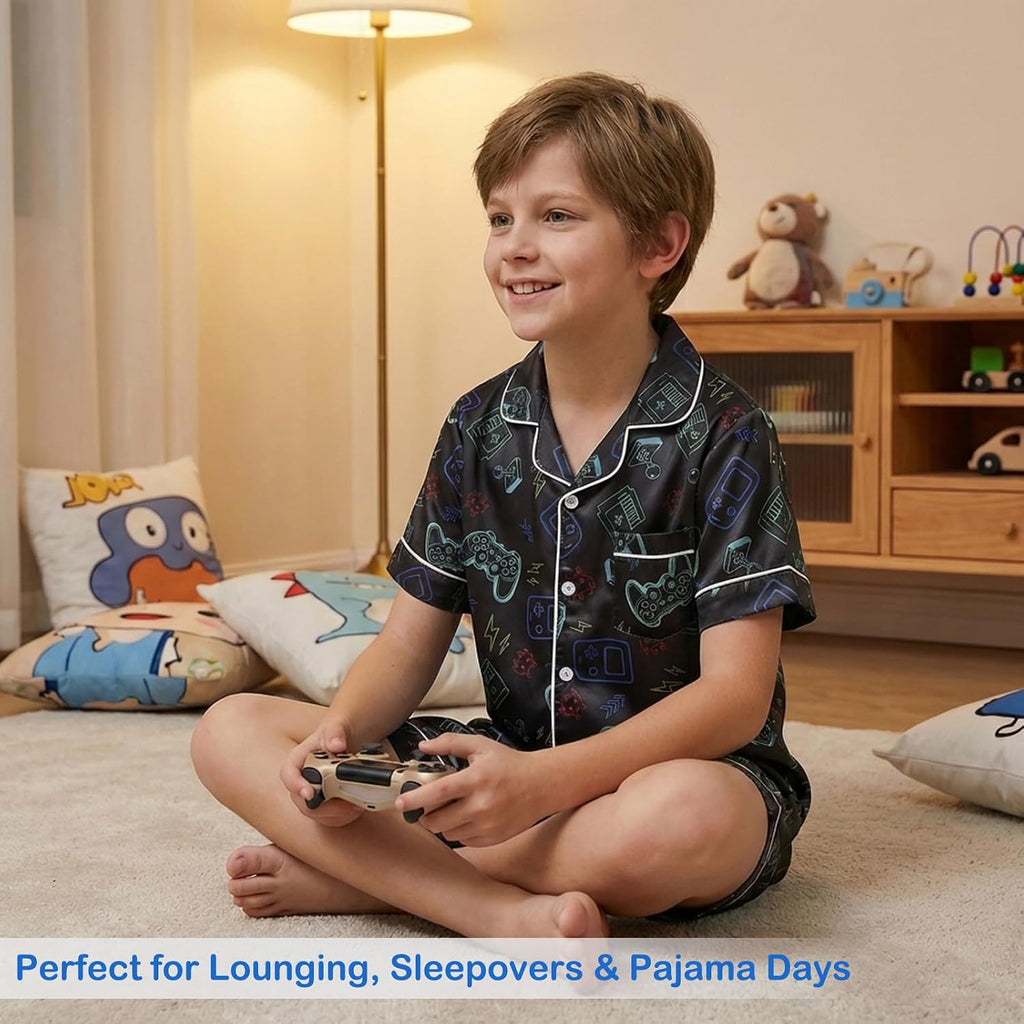 Boys Satin Pajamas Set, Silky Summer Pjs for Kids, 2 Pieces