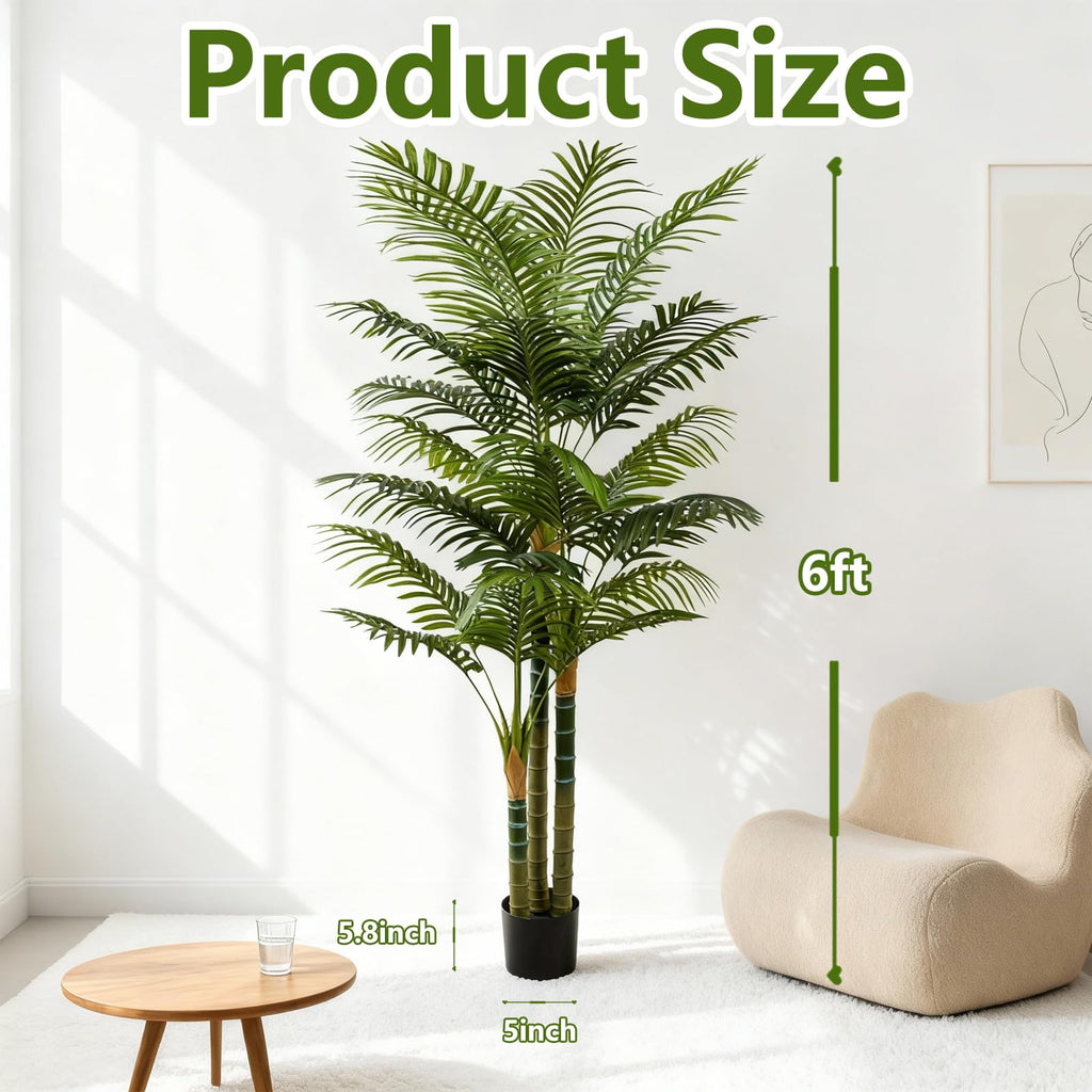 6FT Tall Golden Cane Artificial Palm Tree, Large Faux Palm Tree with 3 Textured Trunks, Outdoor Artificial Plants