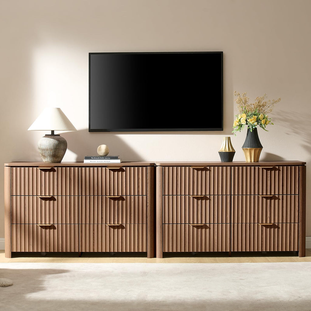 Fluted 6 Drawers Dresser -47.3" Wide Wooden Chest of Drawers with Large Storage, Long Dresser TV Stand with Drawers