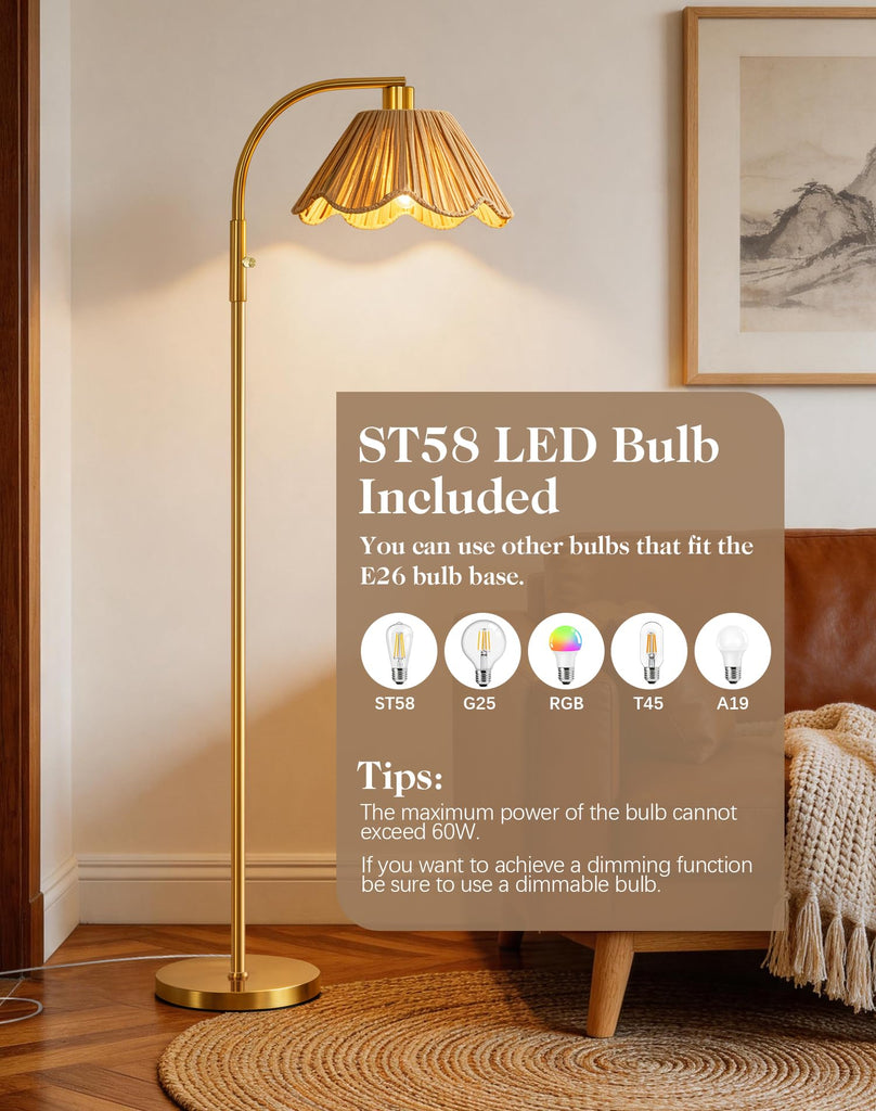 Gold Floor Lamp, Modern Standing Lamp with Raffia Lampshade, Stepless Dimmable Rotary Switch, 63" Farmhouse