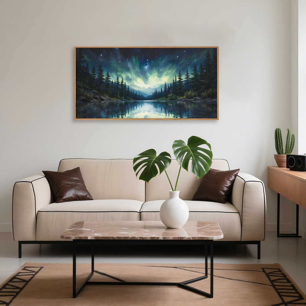 Luminous Northern Lights Forest Lake Framed Canvas Wall Art Set-40"x20"x1