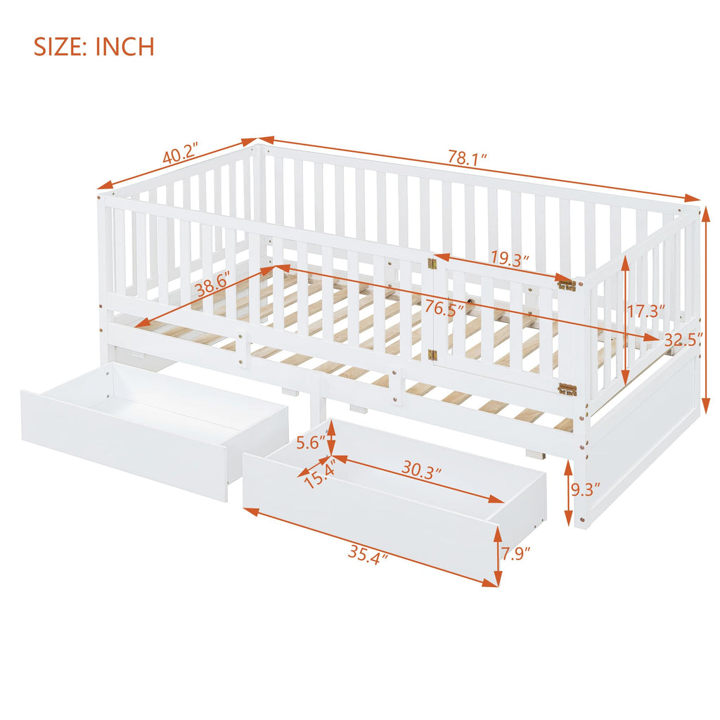 Solid Wood Twin Size Daybed with Storage Drawers and Safety Guardrail, White