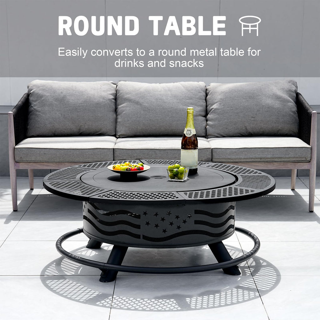 42 Inch Fire Pit with 2 Cooking Grills and Table Lid