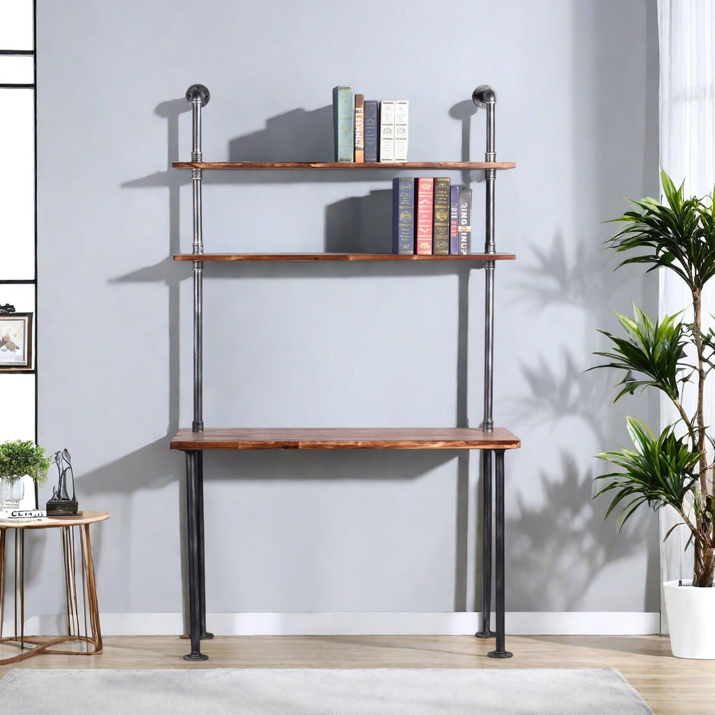 Industrial Style Office Decor, Computer Desk 47.2"×20"×79" with 2-Tier Storage Pipe Shelves, Bookshelf Laptop
