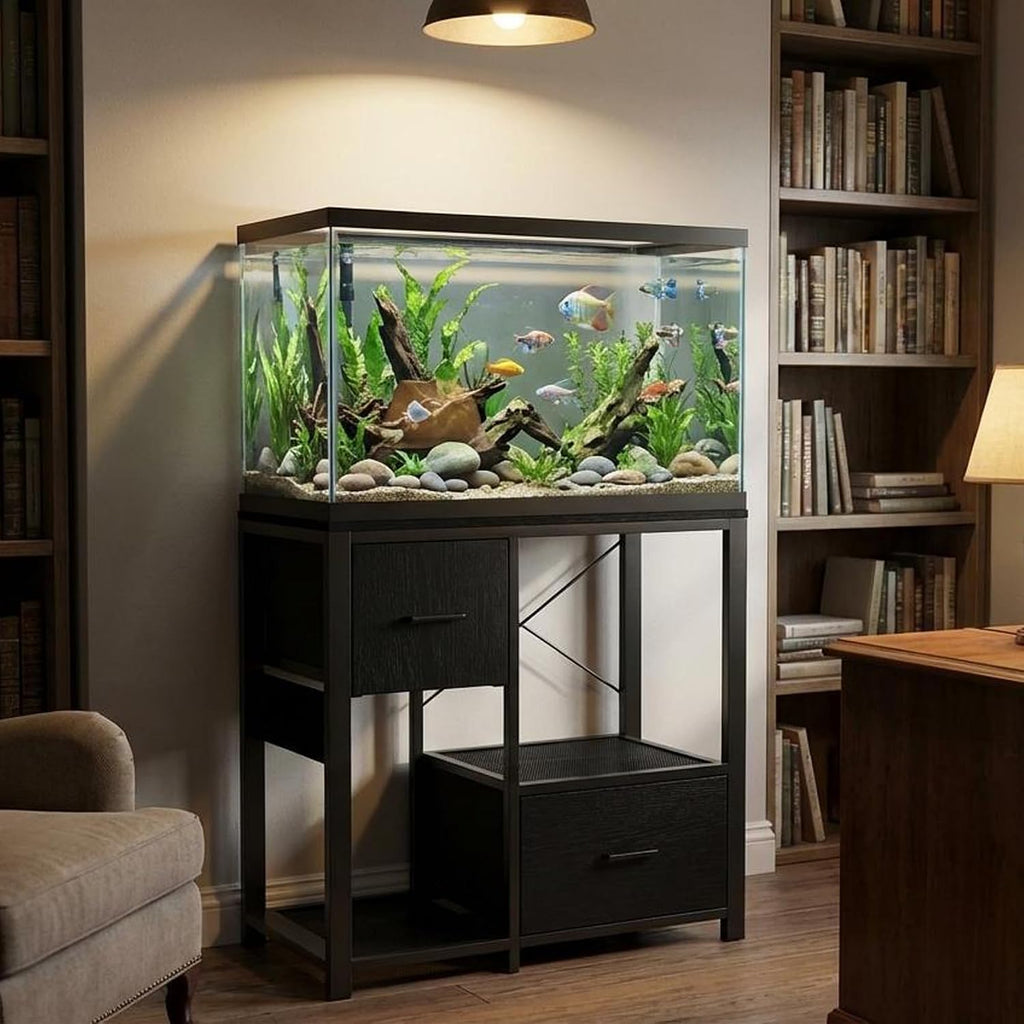 20-29 Gallon Fish Tank Stand with Power Outlets, Heavy Duty Metal and Wood Aquarium Stand with 2 Drawer and Sturdy