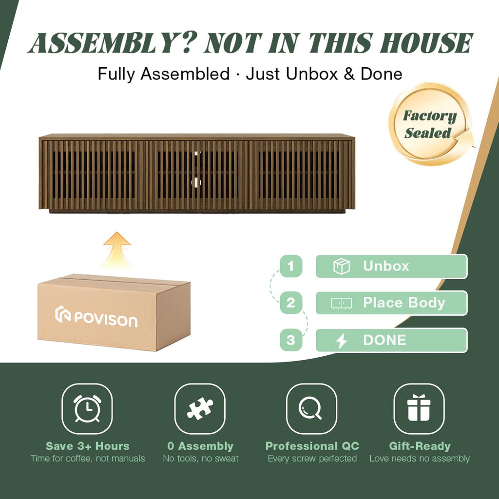 Full Assembled Mid Century Modern TV Stand, Wood Slatted Media Console for 65 inch TV, Entertainment Center with