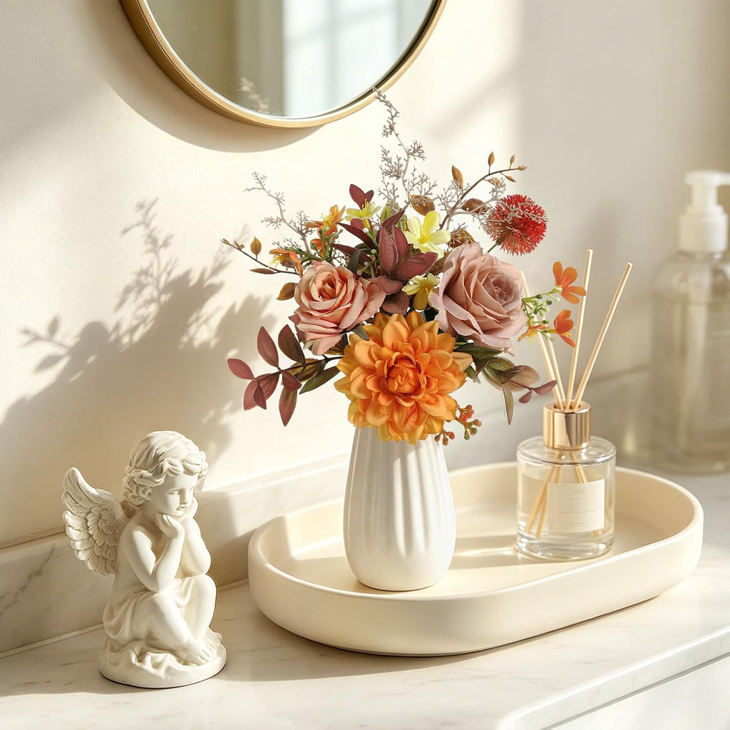 Small 11" Artificial Flowers in Ceramic Vase - Orange Silk Flower Centerpiece for Dining Table, Office, Wedding &
