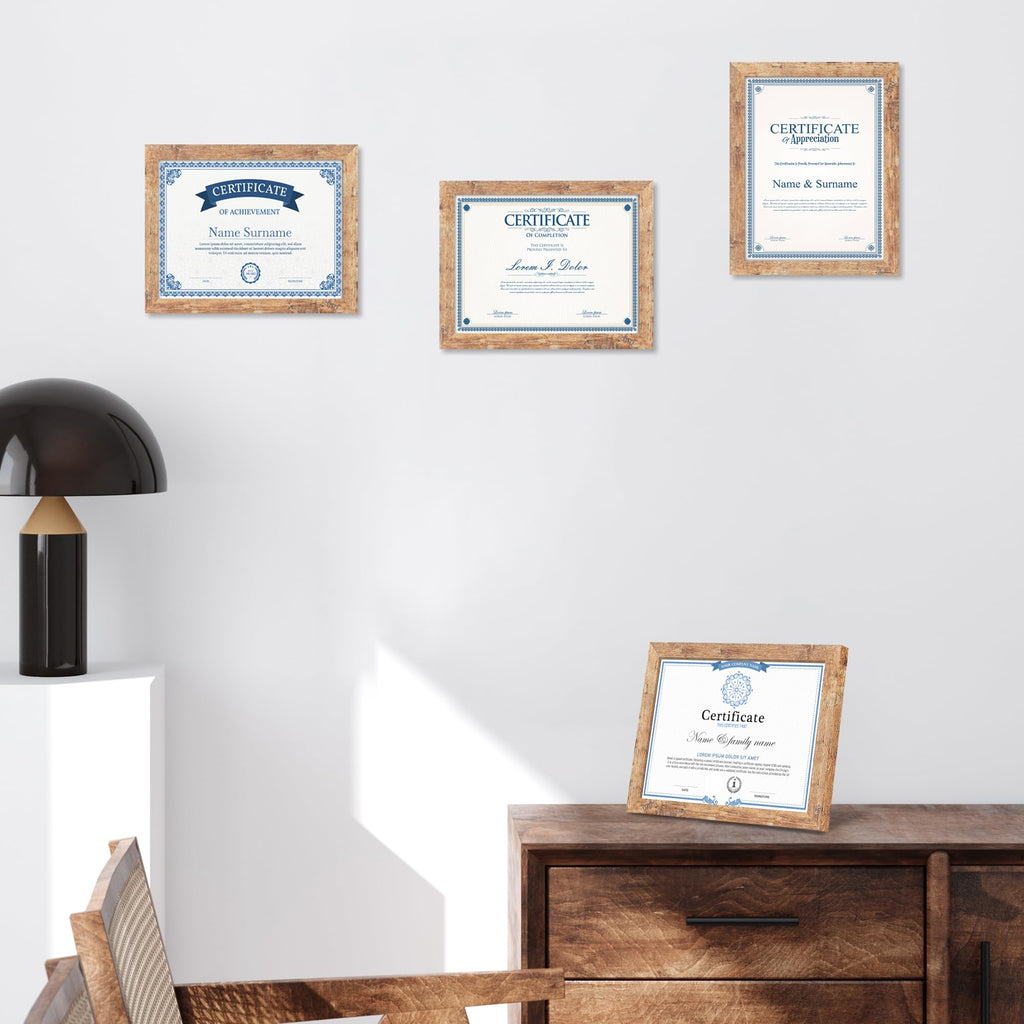 8.5x11 Picture Frame Set of 2, Rustic Brown Certificate Frame with High Definition Real Glass, Wood Photo Frames 8.5