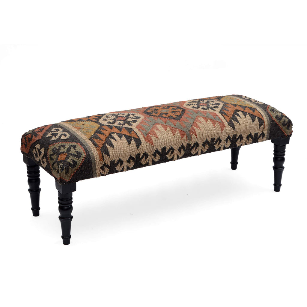 Acacia Wood Kilim Jute Fabric Upholstered Bench | Multi-Purpose Wooden Ottoman with Wool Jute, End of Bed, Hallway &