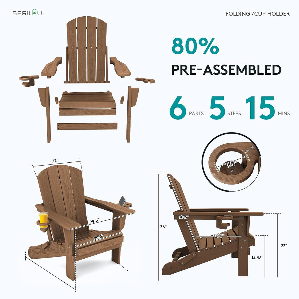 Outdoor Adirondack Chair Set of 2 with 2 Cup Holders,Foldable,Brown | HDPE Composite,Waterproof,Wood Grain,Cup &