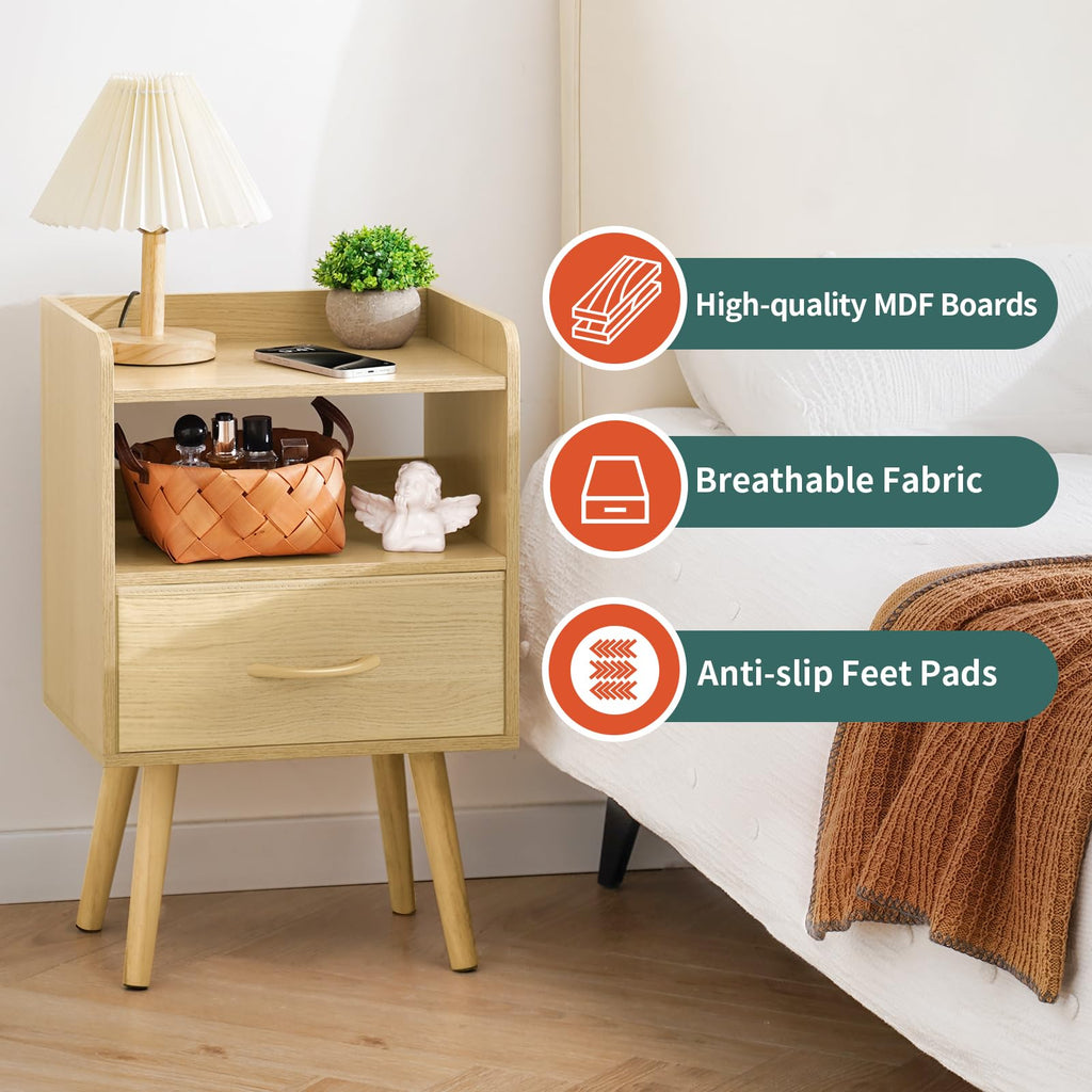 Modern Nightstand with Fabric Drawer, Bedside Tables, Mid Century Nightstand with Open Storage Shelf, Wood Bedside