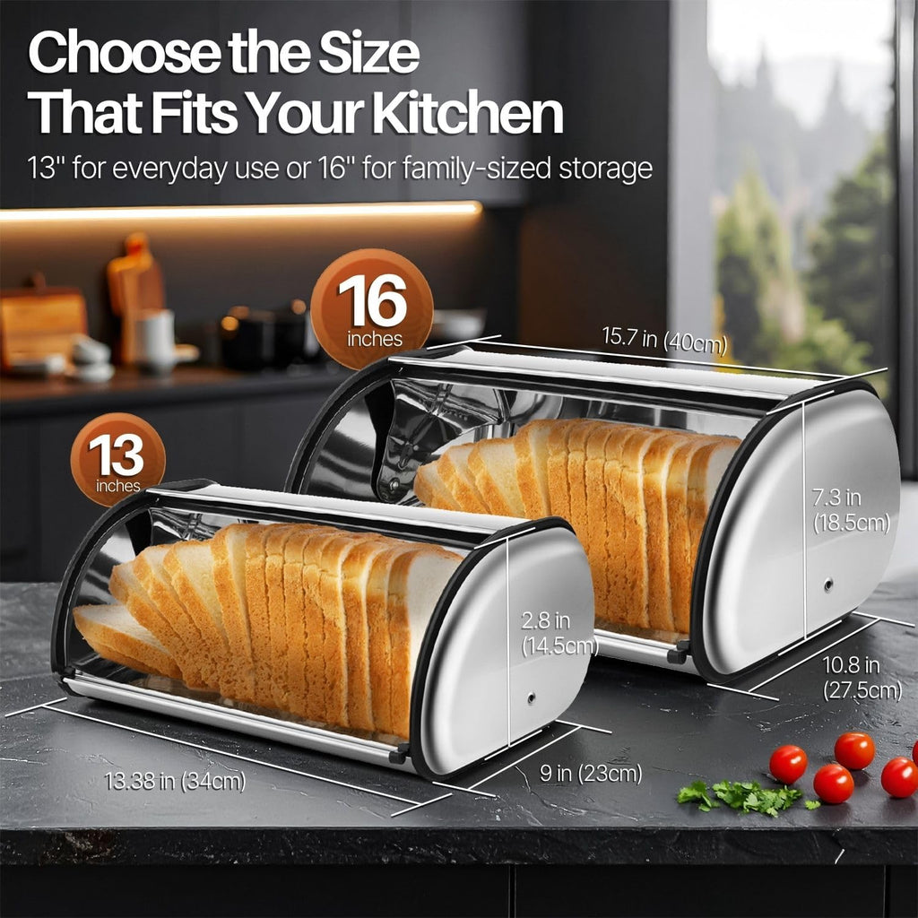 Stainless Steel, 13-Inch Bread Bin for Countertop